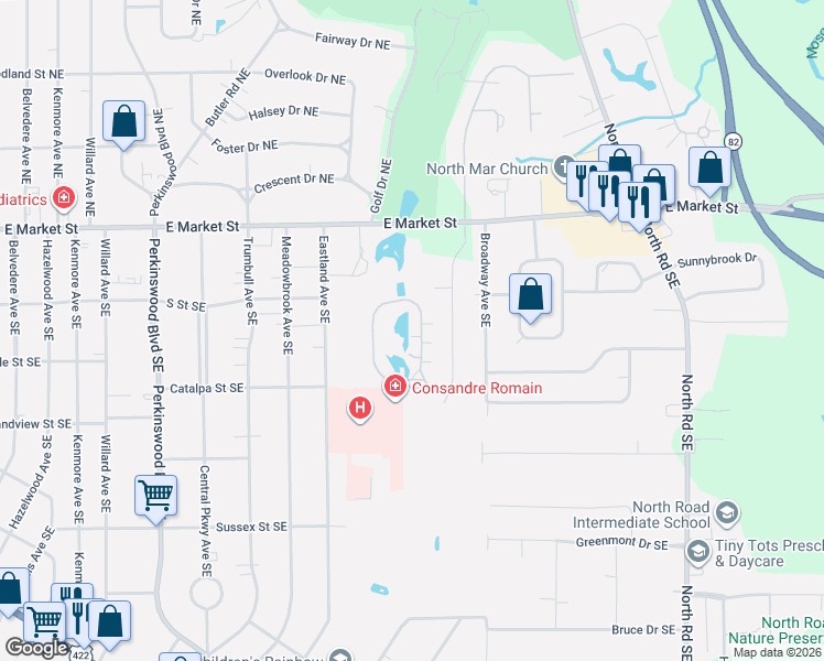 map of restaurants, bars, coffee shops, grocery stores, and more near 130 Royal Troon Drive Southeast in Warren