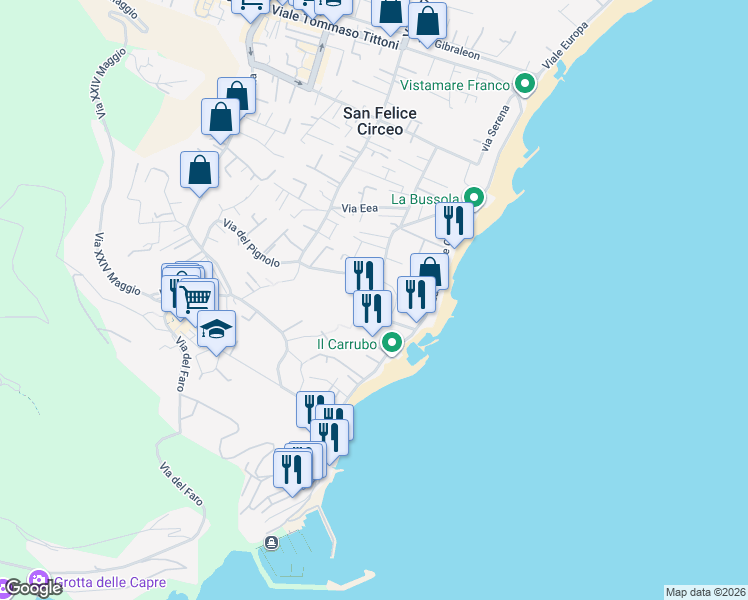 map of restaurants, bars, coffee shops, grocery stores, and more near 141 Piazza Italo Gemini in San Felice Circeo