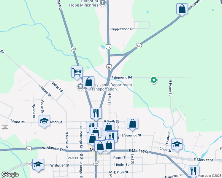 map of restaurants, bars, coffee shops, grocery stores, and more near 454 Pittsburgh Street in Mercer