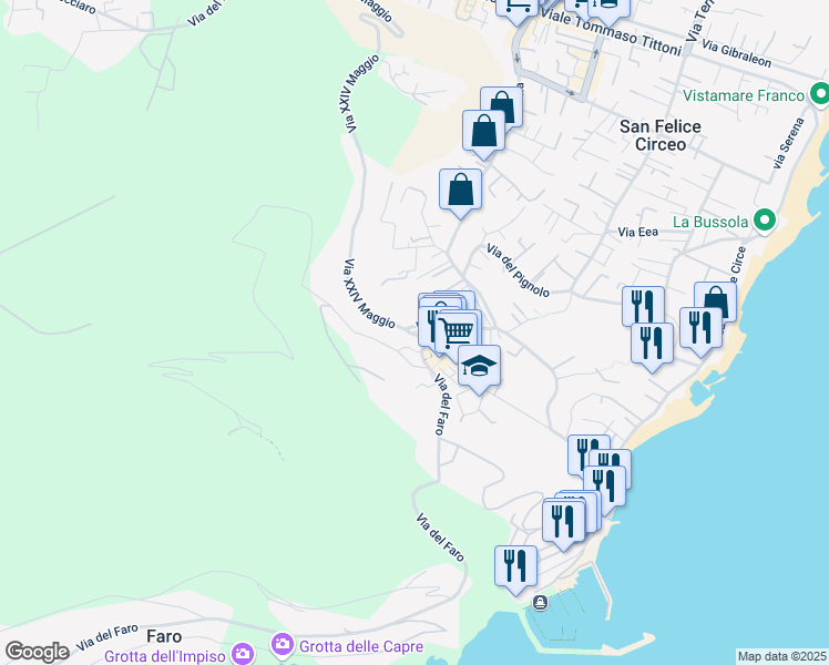 map of restaurants, bars, coffee shops, grocery stores, and more near 1 Via Toto Colarulli in San Felice Circeo