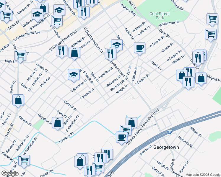 map of restaurants, bars, coffee shops, grocery stores, and more near 73 Sheridan Street in Wilkes-Barre