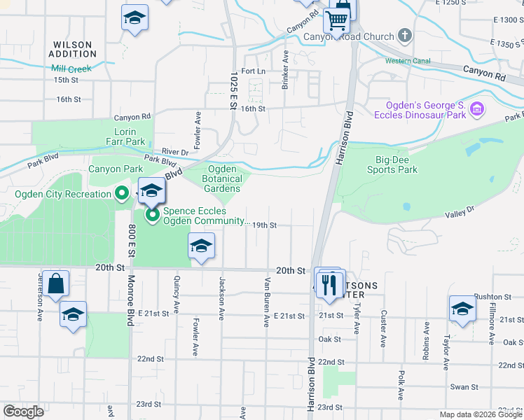 map of restaurants, bars, coffee shops, grocery stores, and more near 1849 Van Buren Avenue in Ogden