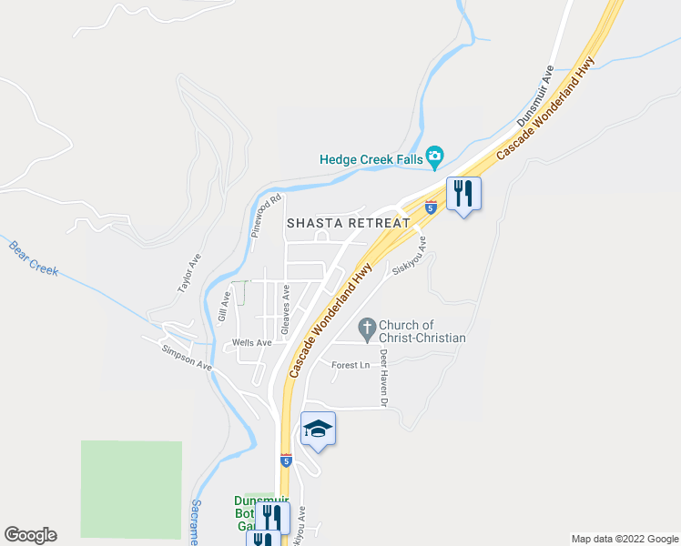 map of restaurants, bars, coffee shops, grocery stores, and more near 4310 Dunsmuir Avenue in Dunsmuir