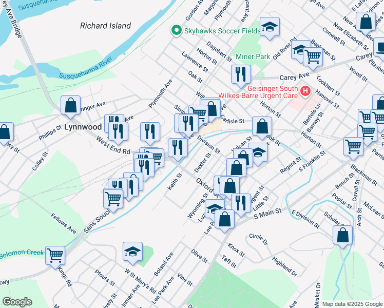 map of restaurants, bars, coffee shops, grocery stores, and more near 116 Oxford Street in Wilkes-Barre