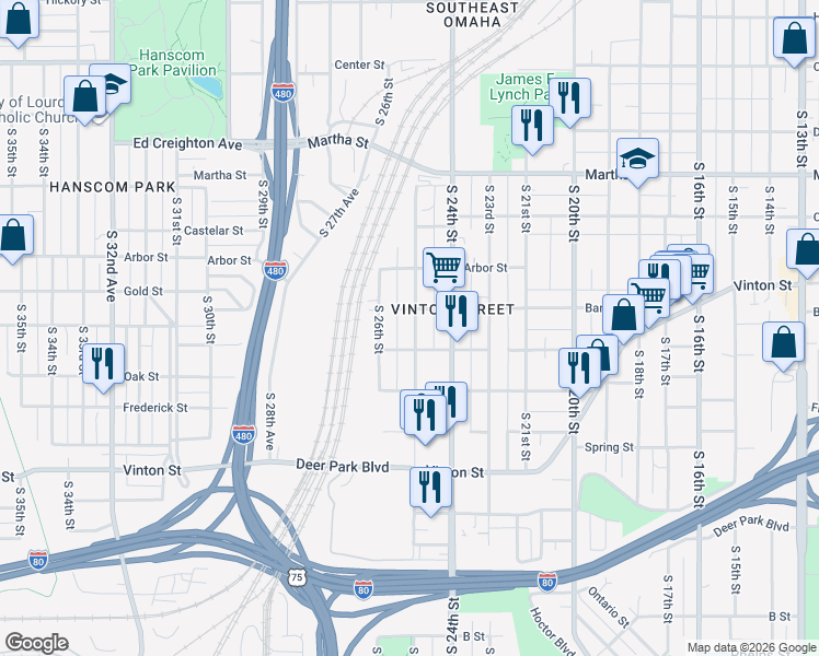 map of restaurants, bars, coffee shops, grocery stores, and more near 2718 1/2 South 25th Street in Omaha