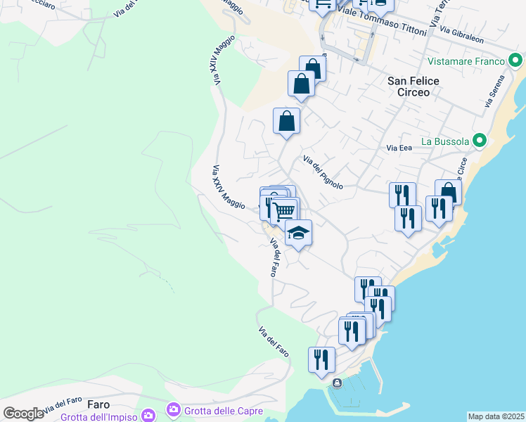 map of restaurants, bars, coffee shops, grocery stores, and more near 1 Via Toto Colarulli in San Felice Circeo