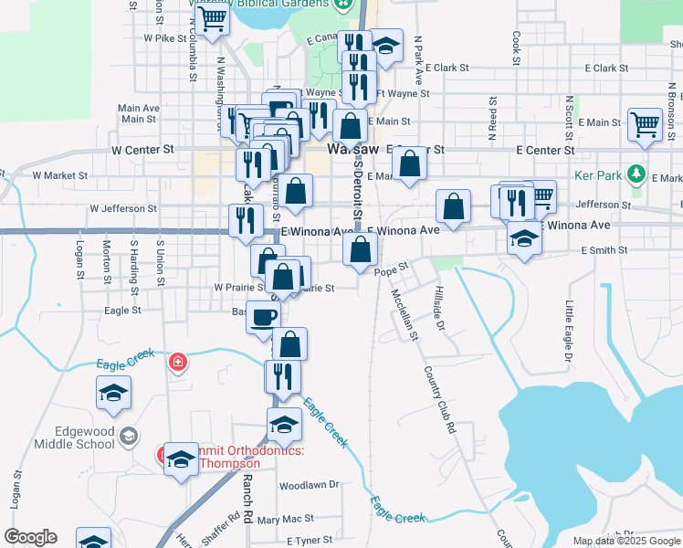 map of restaurants, bars, coffee shops, grocery stores, and more near 300 East Prairie Street in Warsaw
