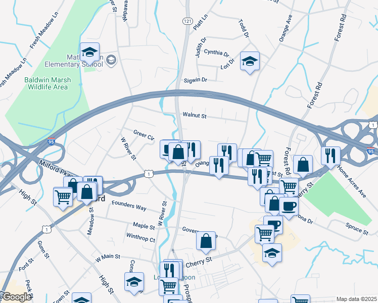 map of restaurants, bars, coffee shops, grocery stores, and more near 191 North Street in Milford