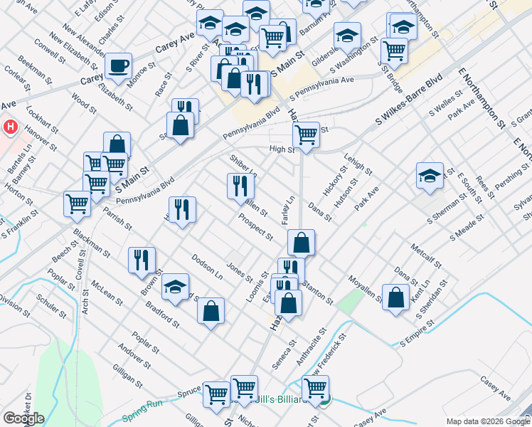 map of restaurants, bars, coffee shops, grocery stores, and more near 138 Moyallen Street in Wilkes-Barre