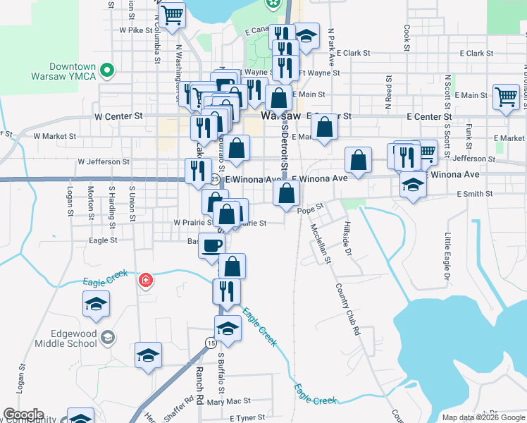 map of restaurants, bars, coffee shops, grocery stores, and more near 300 East Prairie Street in Warsaw