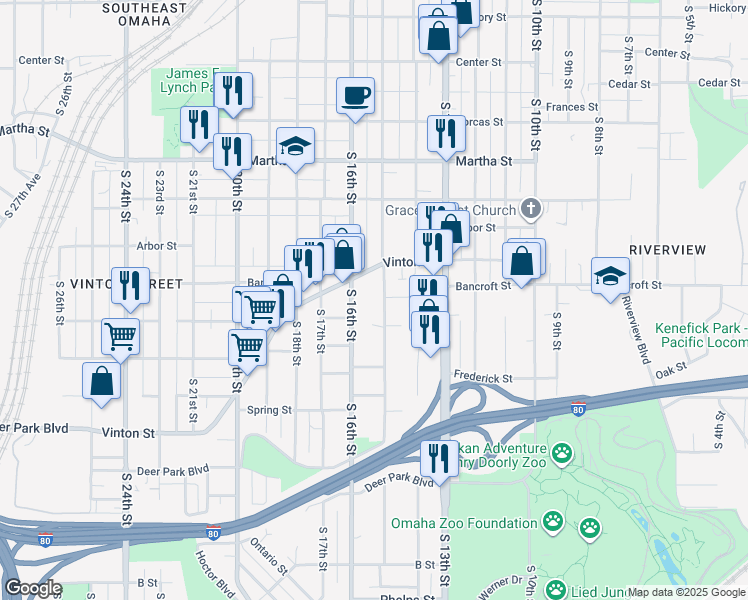 map of restaurants, bars, coffee shops, grocery stores, and more near 2729 South 16th Street in Omaha