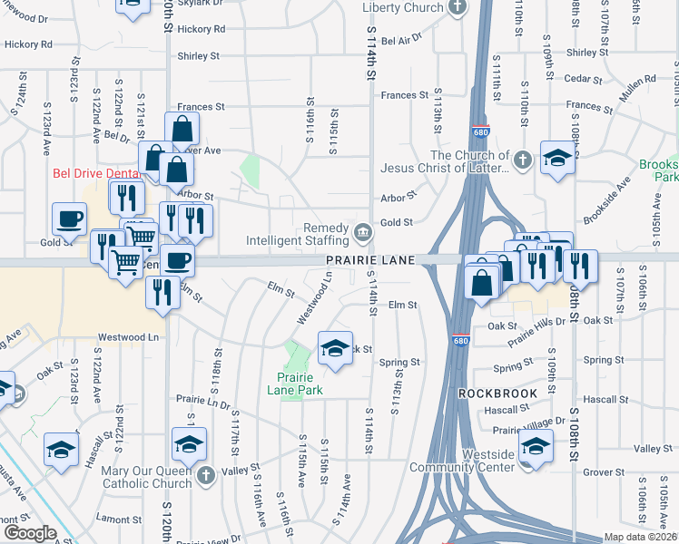 map of restaurants, bars, coffee shops, grocery stores, and more near 11525 Westwood Lane in Omaha