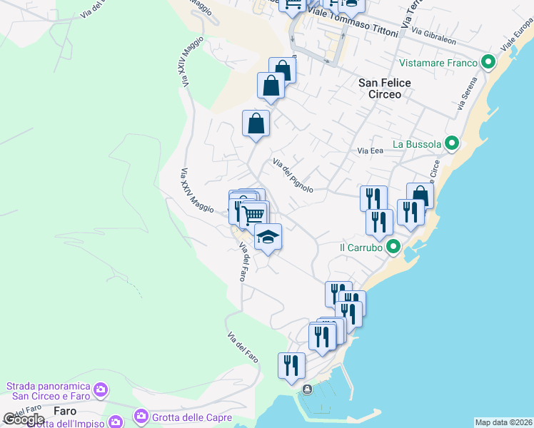 map of restaurants, bars, coffee shops, grocery stores, and more near 431 Via della Vittoria in San Felice Circeo