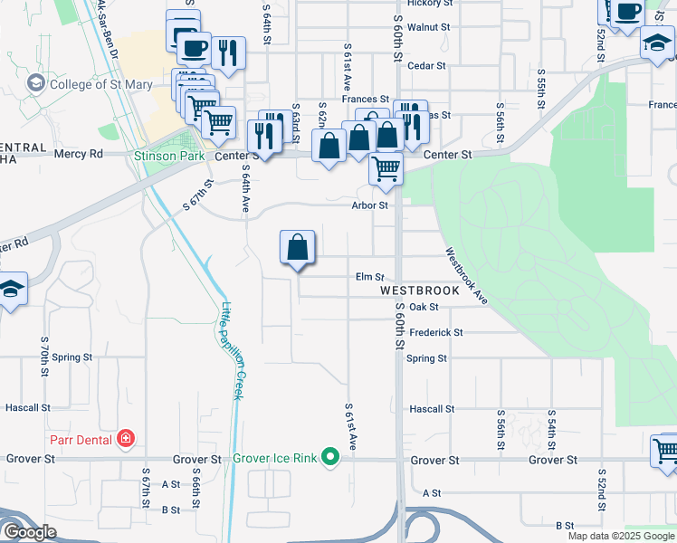 map of restaurants, bars, coffee shops, grocery stores, and more near 6157 Elm Street in Omaha