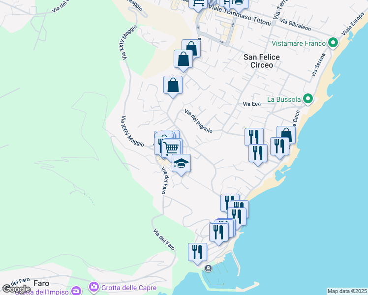map of restaurants, bars, coffee shops, grocery stores, and more near 27 Viale della Vittoria in San Felice Circeo