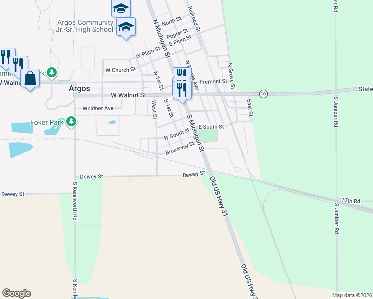 map of restaurants, bars, coffee shops, grocery stores, and more near 201 Broadway Street in Argos