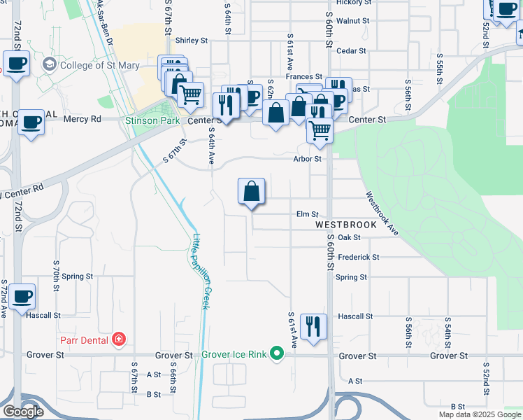 map of restaurants, bars, coffee shops, grocery stores, and more near 6216 Elm Street in Omaha