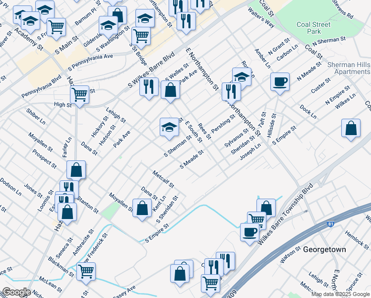 map of restaurants, bars, coffee shops, grocery stores, and more near 17 Almond Lane in Wilkes-Barre