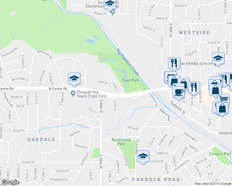 map of restaurants, bars, coffee shops, grocery stores, and more near 2644 South 95th Circle in Omaha