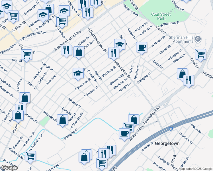 map of restaurants, bars, coffee shops, grocery stores, and more near 91 Sylvanus Street in Wilkes-Barre