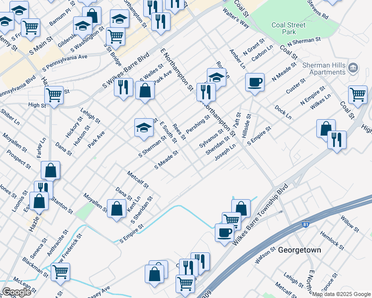map of restaurants, bars, coffee shops, grocery stores, and more near 404 East South Street in Wilkes-Barre