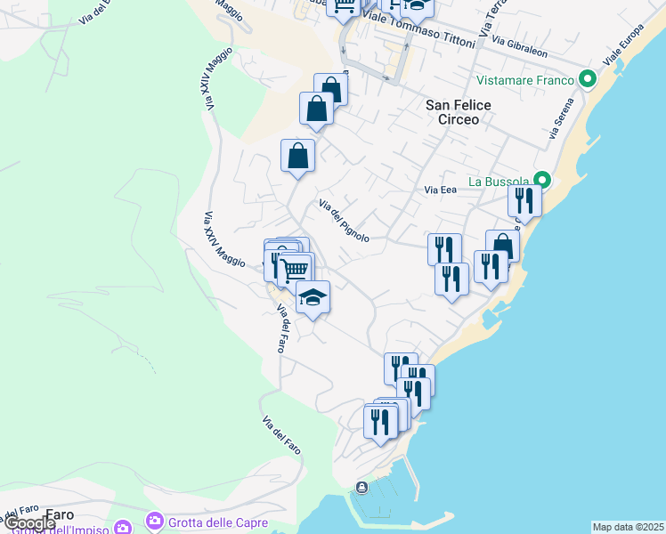 map of restaurants, bars, coffee shops, grocery stores, and more near 16 Via Ponza in San Felice Circeo