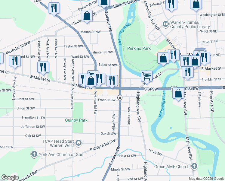map of restaurants, bars, coffee shops, grocery stores, and more near 855 West Market Street in Warren
