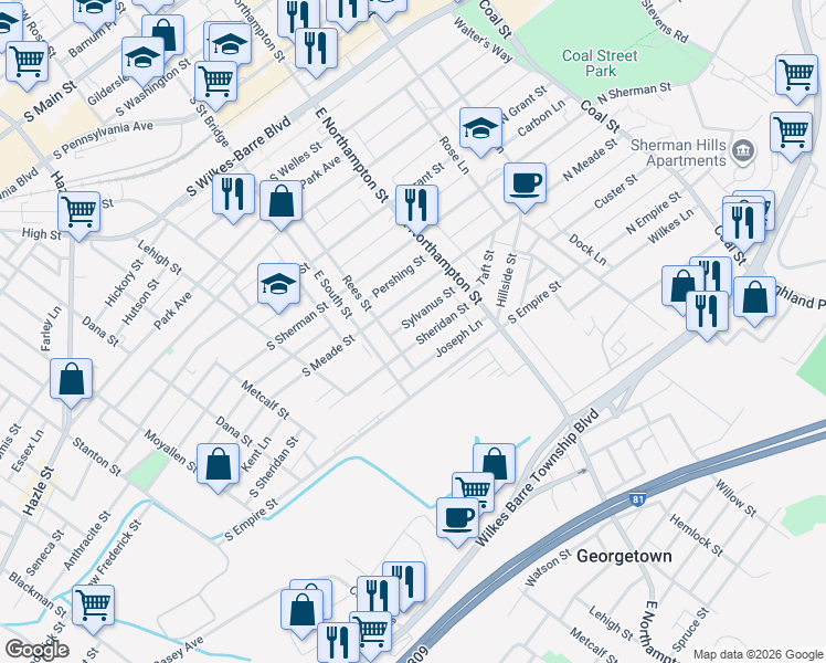 map of restaurants, bars, coffee shops, grocery stores, and more near 73 Sheridan Street in Wilkes-Barre