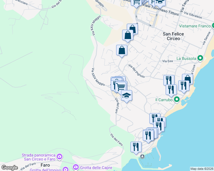 map of restaurants, bars, coffee shops, grocery stores, and more near 1 Via Toto Colarulli in San Felice Circeo