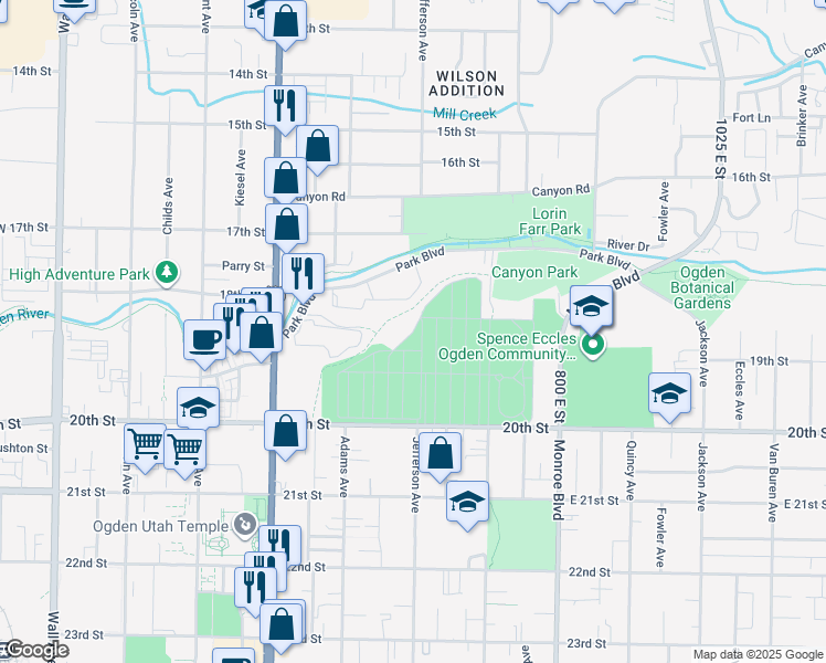 map of restaurants, bars, coffee shops, grocery stores, and more near Martin Hilltop Drive in Ogden