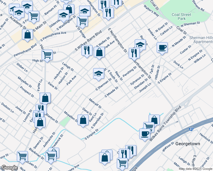 map of restaurants, bars, coffee shops, grocery stores, and more near 254 South Sherman Street in Wilkes-Barre