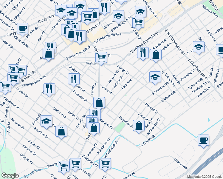 map of restaurants, bars, coffee shops, grocery stores, and more near 89 Hutson Street in Wilkes-Barre