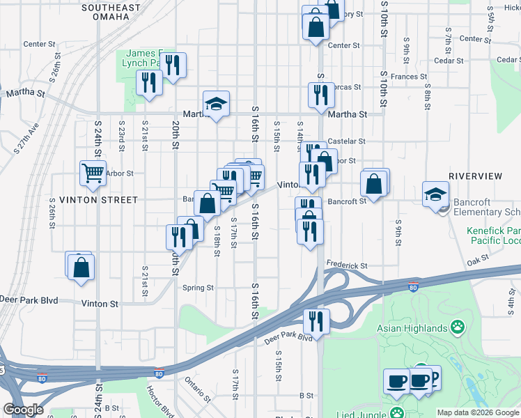 map of restaurants, bars, coffee shops, grocery stores, and more near 2729 South 16th Street in Omaha