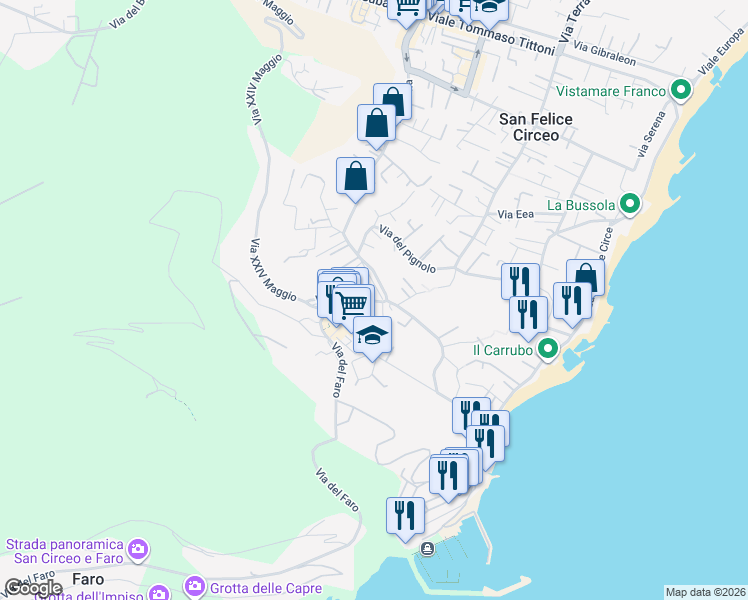 map of restaurants, bars, coffee shops, grocery stores, and more near 431 Via della Vittoria in San Felice Circeo