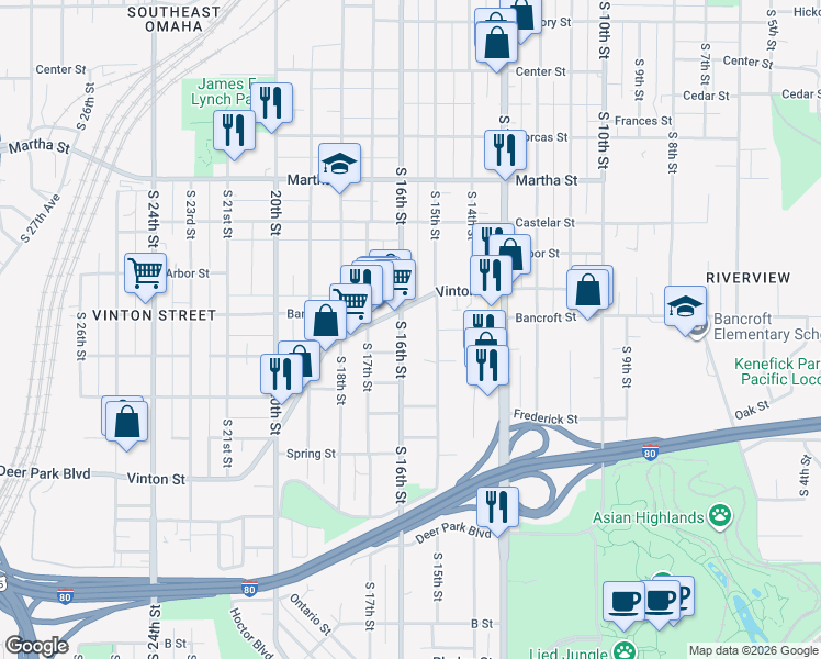 map of restaurants, bars, coffee shops, grocery stores, and more near 2729 South 16th Street in Omaha