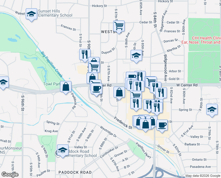 map of restaurants, bars, coffee shops, grocery stores, and more near in Omaha