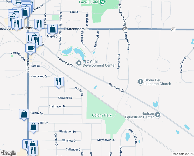 map of restaurants, bars, coffee shops, grocery stores, and more near 262 Ravenna Street in Hudson