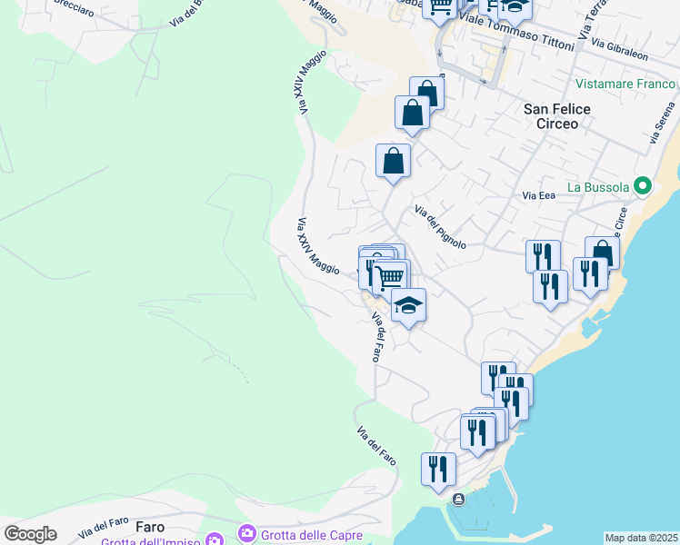 map of restaurants, bars, coffee shops, grocery stores, and more near 1 Via Toto Colarulli in San Felice Circeo