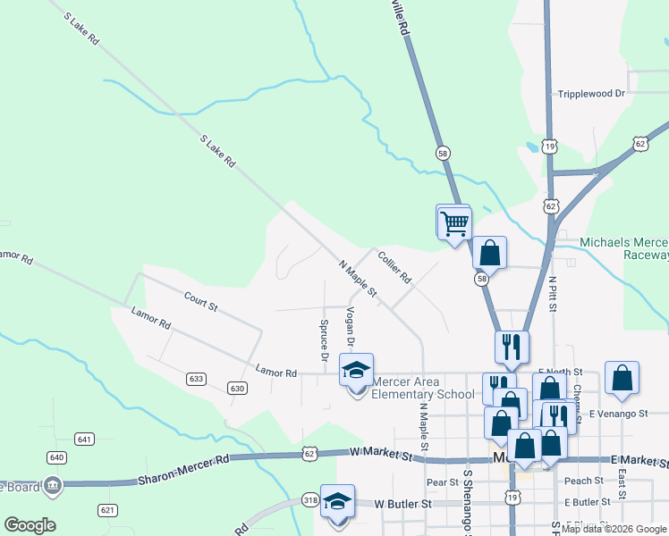 map of restaurants, bars, coffee shops, grocery stores, and more near 555 North Maple Street in Mercer