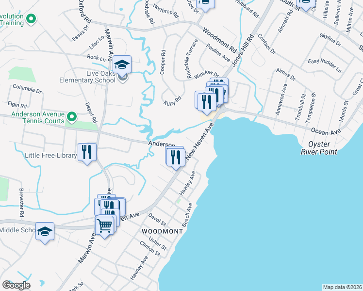 map of restaurants, bars, coffee shops, grocery stores, and more near 25 Anderson Avenue in Milford