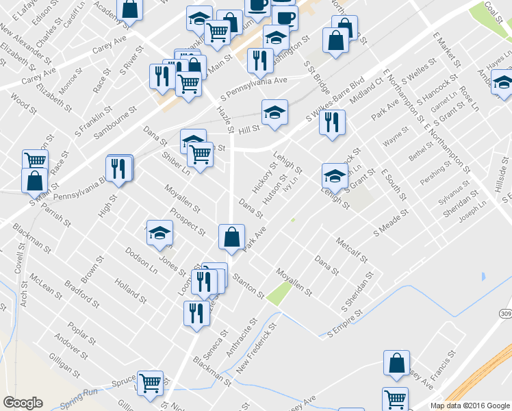 map of restaurants, bars, coffee shops, grocery stores, and more near 240 Dana Street in Wilkes-Barre