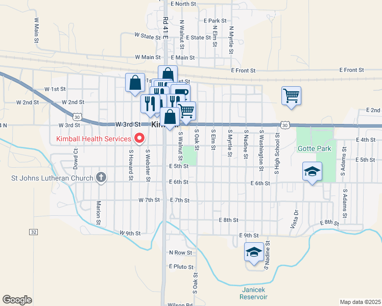 map of restaurants, bars, coffee shops, grocery stores, and more near 498 South Oak Street in Kimball