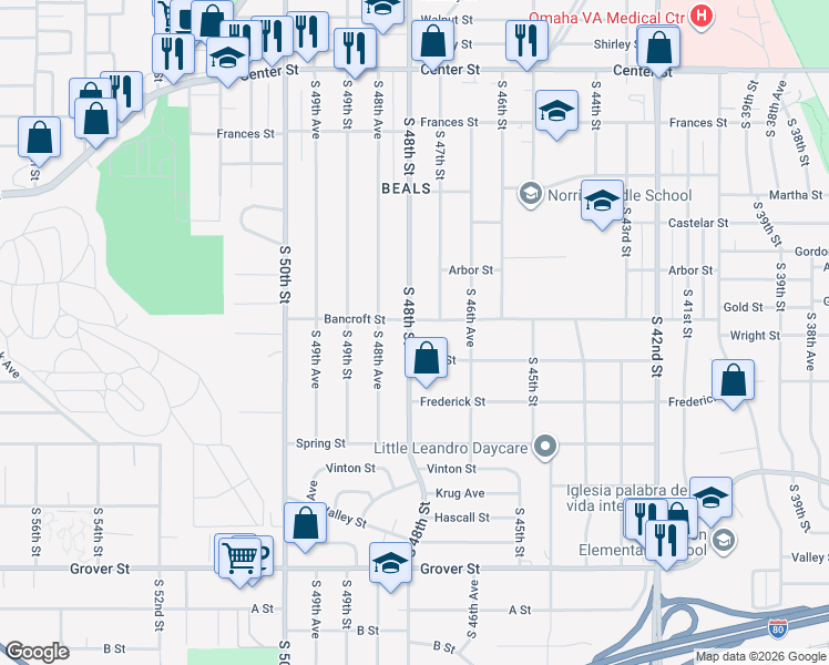 map of restaurants, bars, coffee shops, grocery stores, and more near 2721 South 48th Street in Omaha