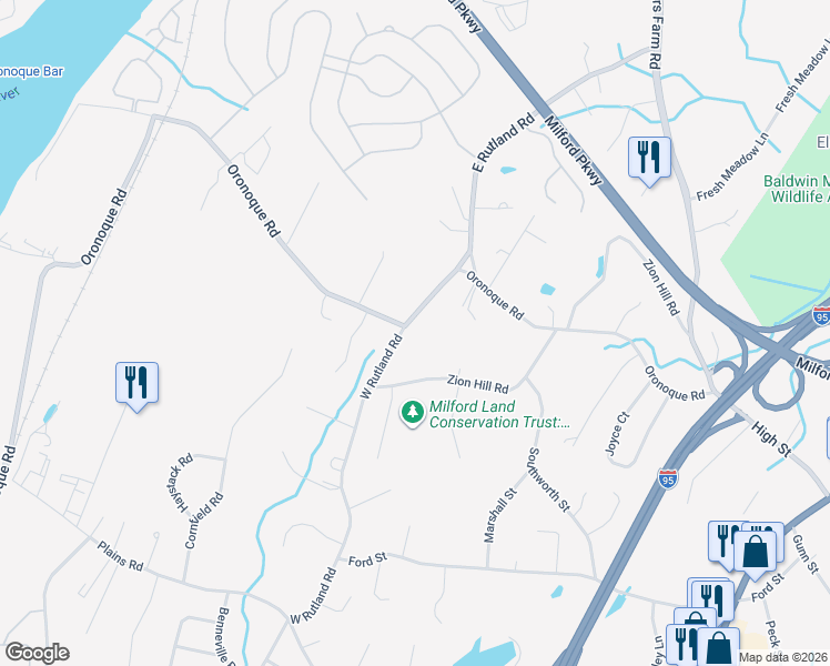 map of restaurants, bars, coffee shops, grocery stores, and more near 2 West Rutland Road in Milford