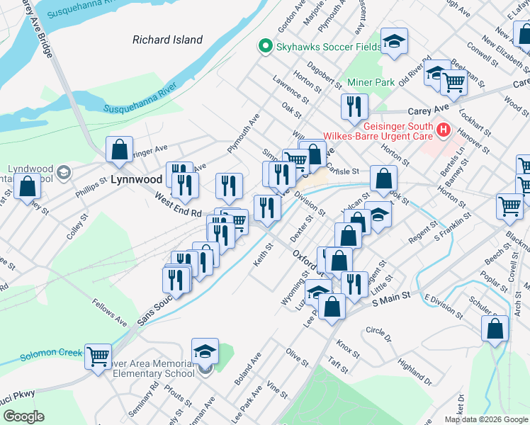 map of restaurants, bars, coffee shops, grocery stores, and more near 134 Oxford Street in Wilkes-Barre