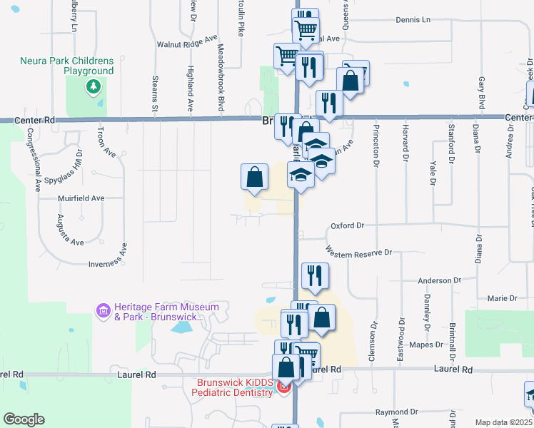 map of restaurants, bars, coffee shops, grocery stores, and more near 4431 Southwick Boulevard in Brunswick