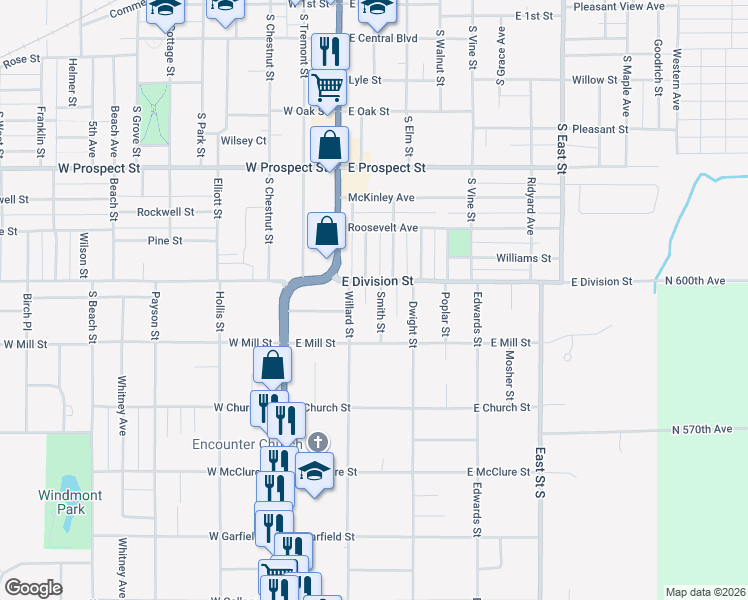 map of restaurants, bars, coffee shops, grocery stores, and more near 115 Smith Street in Kewanee