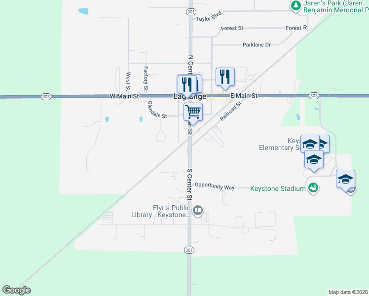 map of restaurants, bars, coffee shops, grocery stores, and more near 303 South Center Street in LaGrange