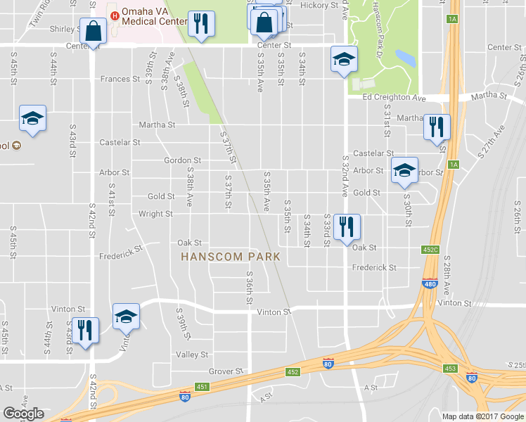 map of restaurants, bars, coffee shops, grocery stores, and more near 2811 South 36th Street in Omaha