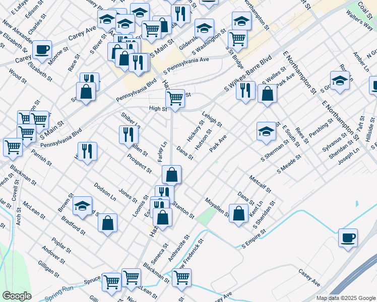 map of restaurants, bars, coffee shops, grocery stores, and more near 240 Dana Street in Wilkes-Barre